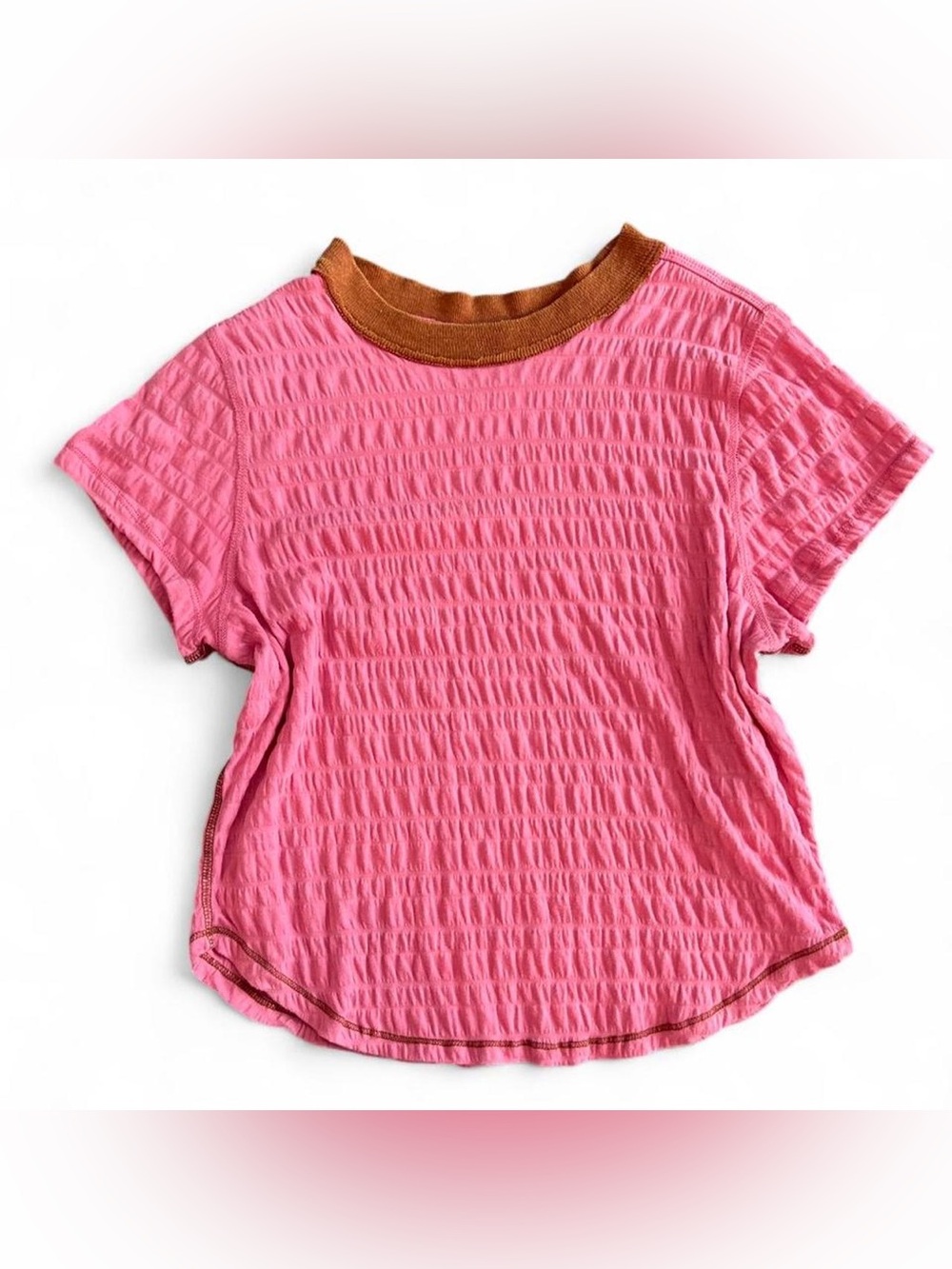 Free People Pink Textured Tee Brown Trim Short Sleeve Boho Top Large